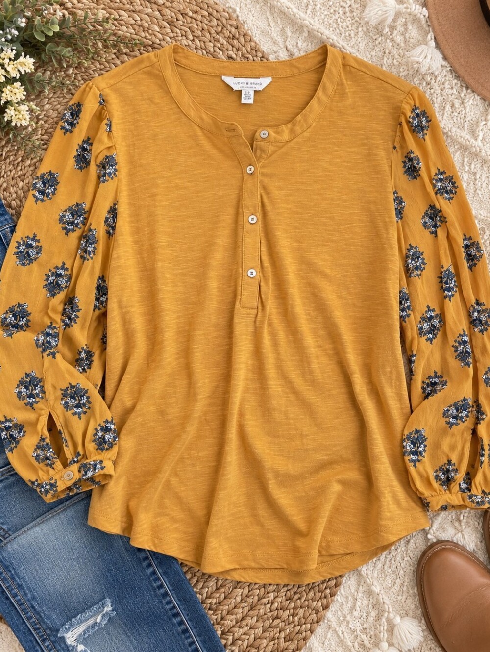 Lucky Brand Mustard Floral Mixed Media Henley Top Size Small Boho